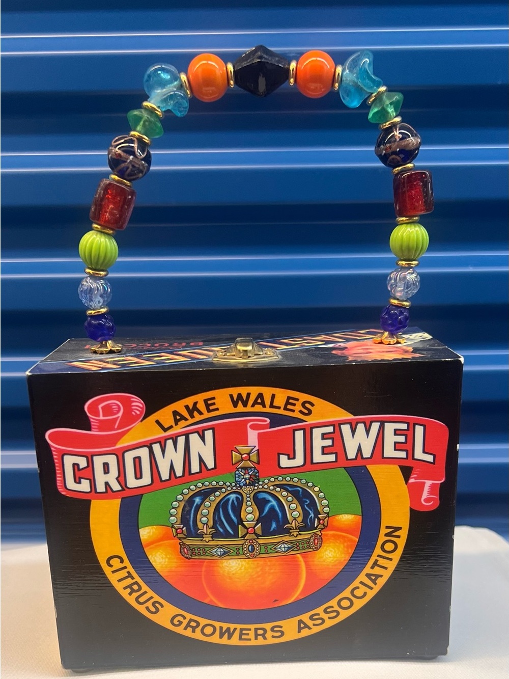 Multicolor Beaded Handle Wooden Box Purse
